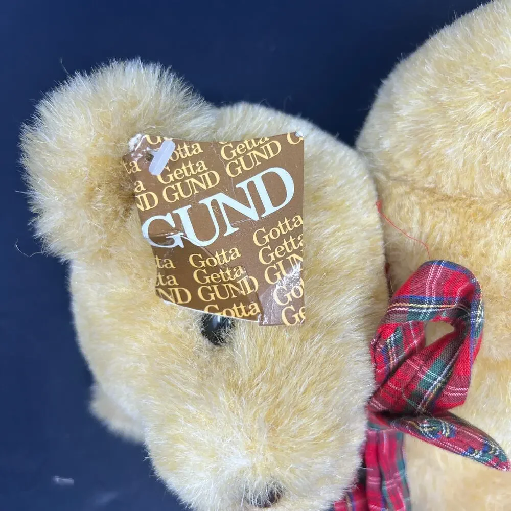Gund Bear Plush 1982 Plaid Red Bow Seated‎ Tan Brown Jointed Teddy Vintage